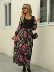 Women's Plus Colorblock Floral Print Long Sleeve Round Neck Maxi Dress