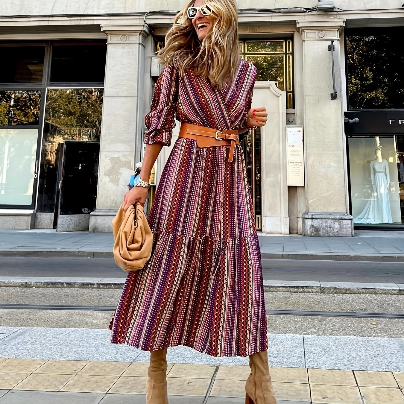  Geometric Print Long Sleeved Maxi Dress