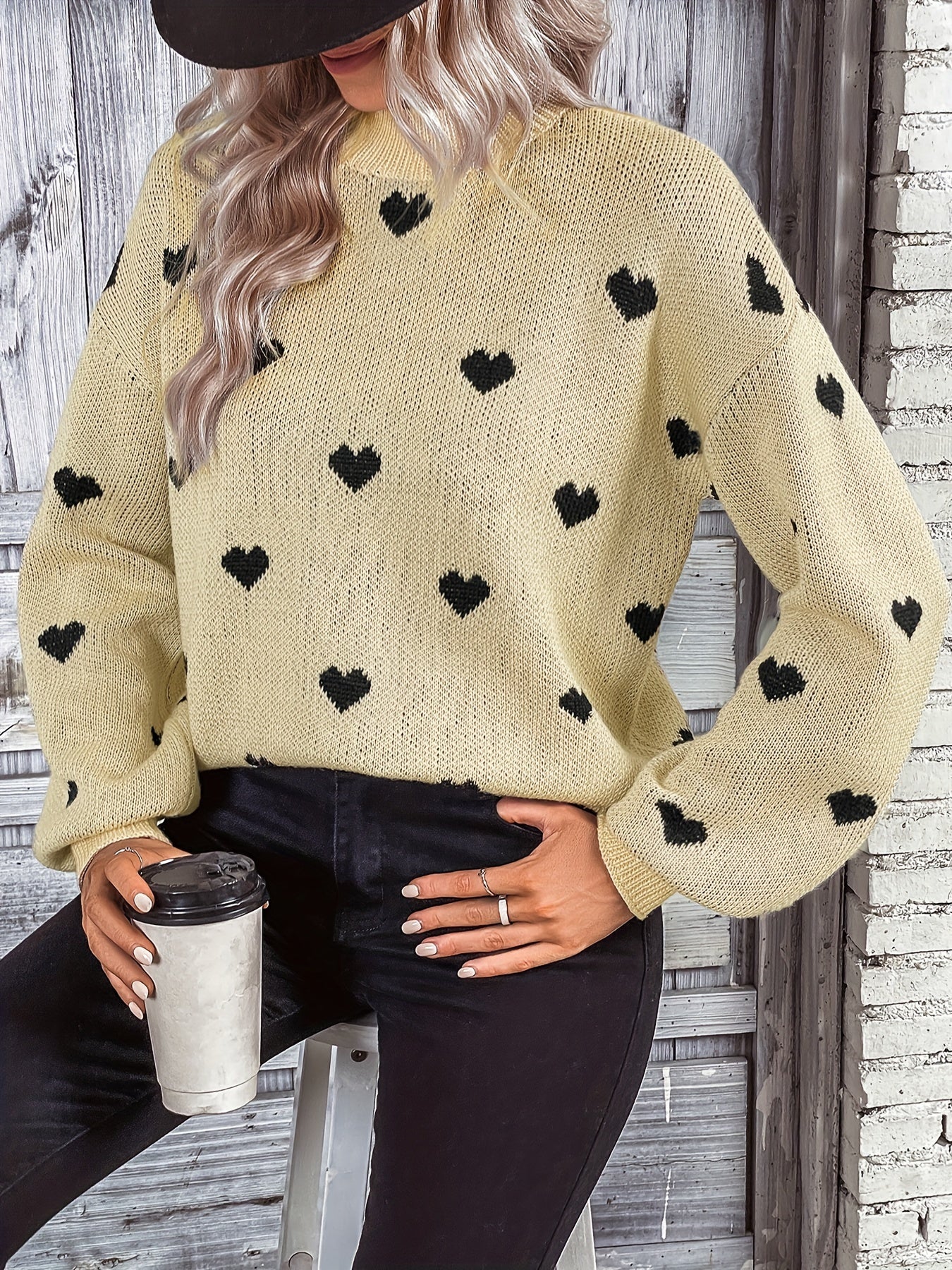  Heart Print Round Neck Sweater