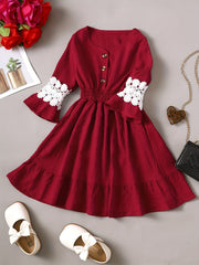 Girl's V Neck Pleated Puffy Dress Hollow Out Long Sleeve