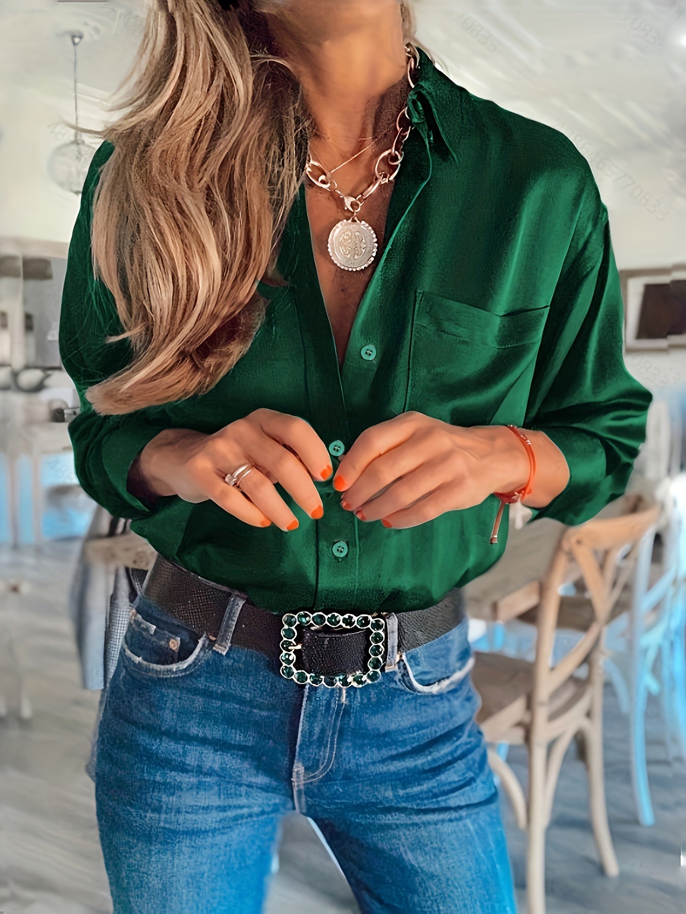  Solid Satin Button Up Long Sleeve Blouse