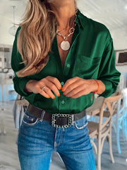  Solid Satin Button Up Long Sleeve Blouse