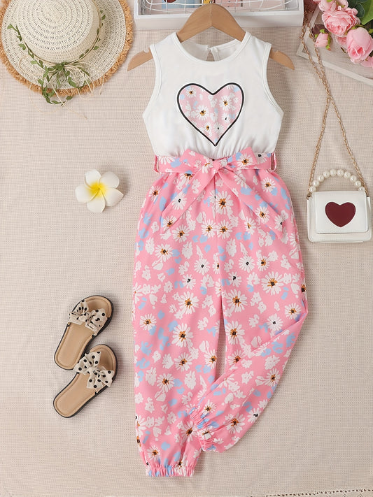 Girls Floral Heart Pattern Belted Jumpsuit Kids Casual Summer Outfit