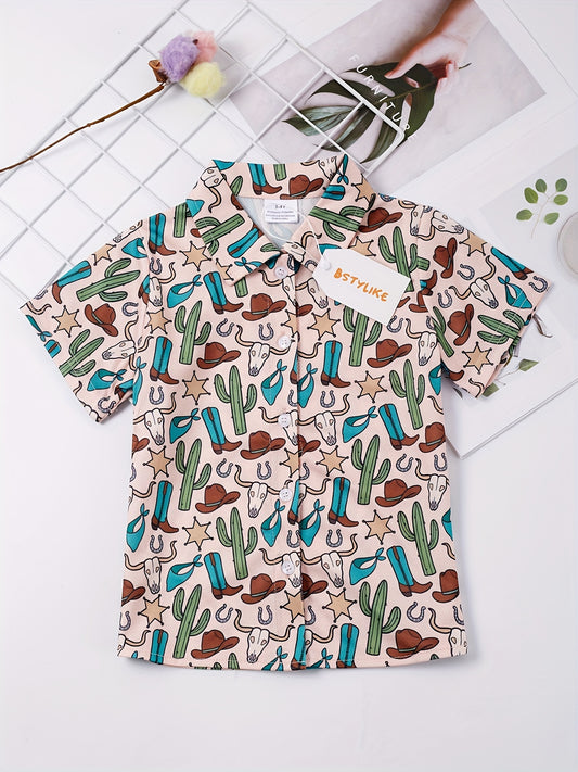 Boys Cactus Bull Head Star Print Shirt Tops Casual For Summer Kids Clothes