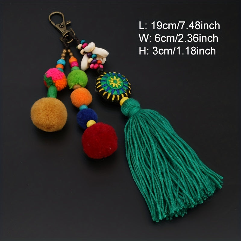 Boho Pom Pom Tassel Keychain Block Key Ring Purse Bag Backpack Car Pendant