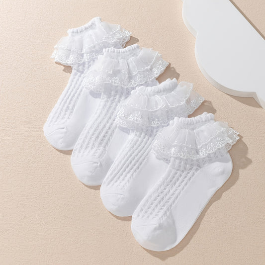 4 Pairs Lace Edge Crew Socks for Toddler Girls, Casual & Dress Socks