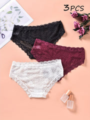 3pcs Floral Lace Briefs Comfy & Breathable Intimates Panties Women's Lingerie