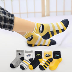 5 Pairs Boys Car Print Crew Socks, Breathable Thin Mesh Knit, Spring Summer