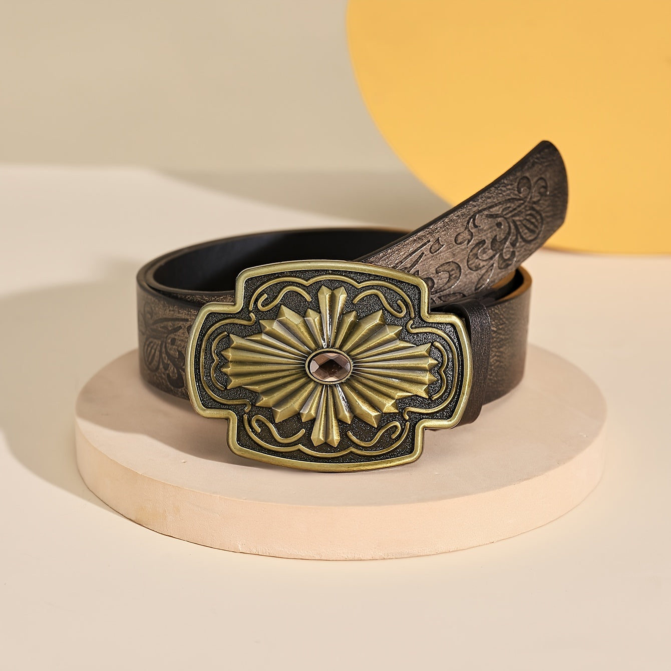 Vintage Western Floral Print PU Leather Belt for Women
