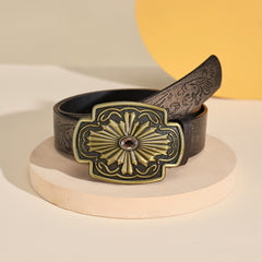 Vintage Western Floral Print PU Leather Belt for Women