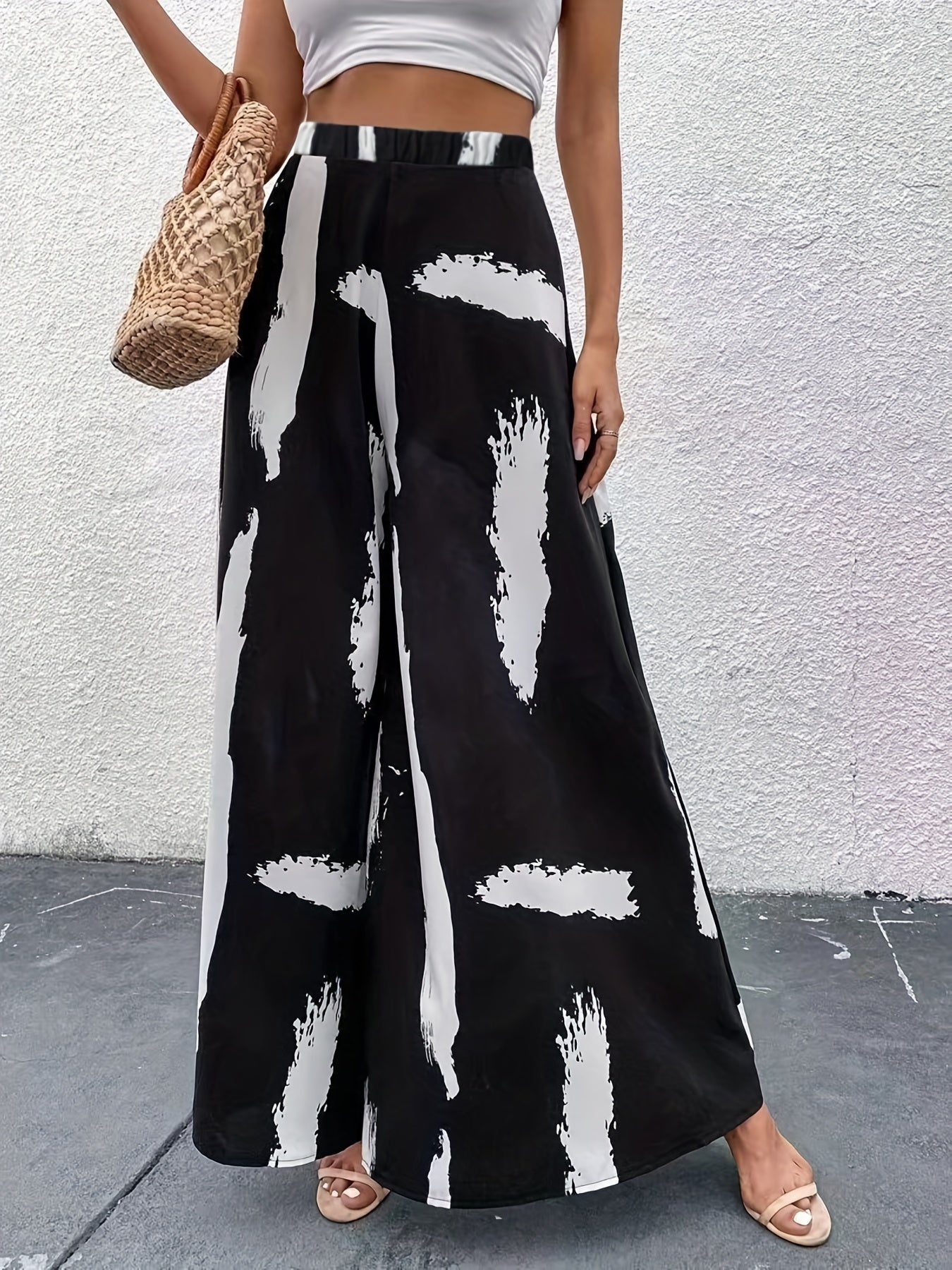  Colorblock Brush Print High Rise Wide Leg Pants