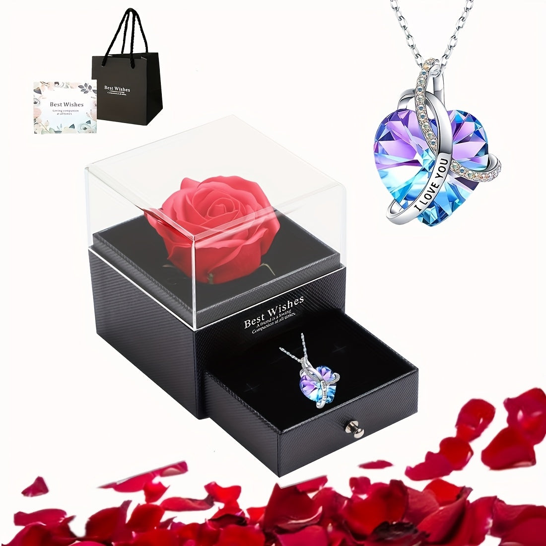 Red Rose Necklace with Heart-Shaped Ocean Pendant