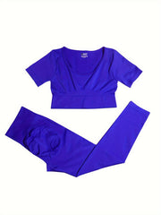 2pcs Women's Activewear Set Crew Neck Shirt & High Waist Leggings for Workouts