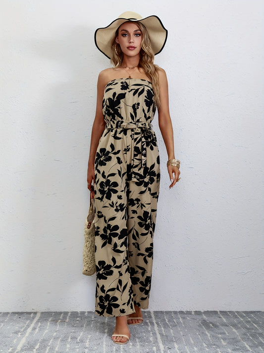 Floral Print Wide Leg Tube Jumpsuit for Women