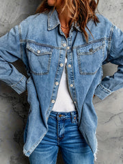  Solid Button Up Denim Fringe Trim Jacket