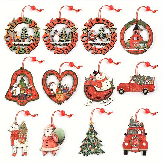 12pcs Wooden Christmas Tree Ornaments Cartoon Santa Claus Snowman