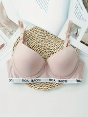 Letter Print T Shirt Bra Comfy & Breathable Push Up Bra