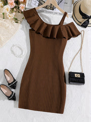Girls One Shoulder Ruffle Collar Sleeveless Dress