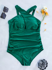  Solid Cross Halter One Piece Swimsuit
