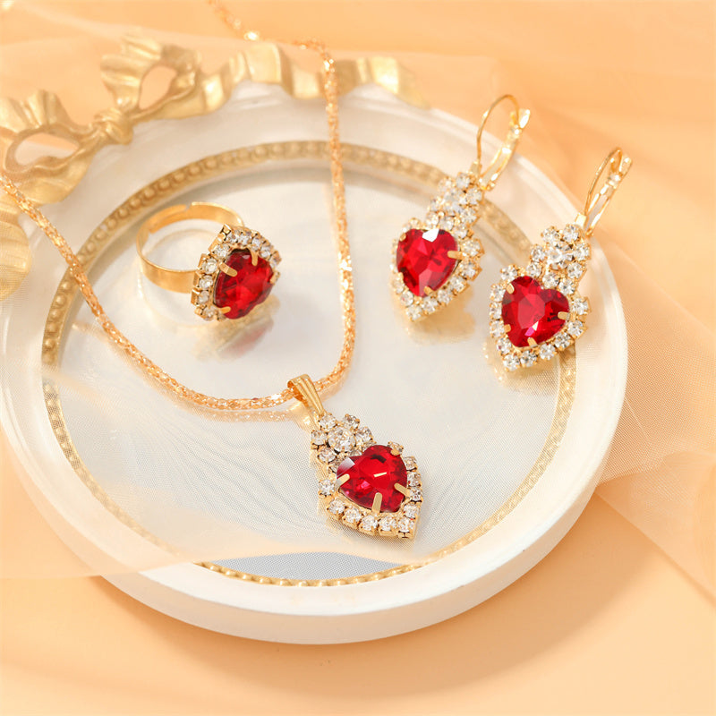 Heart Shape Pendant Jewelry Set Rhinestone Crystal Necklace Earrings Ring