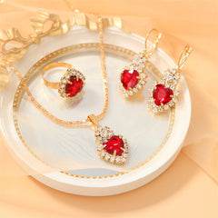 Heart Shape Pendant Jewelry Set Rhinestone Crystal Necklace Earrings Ring