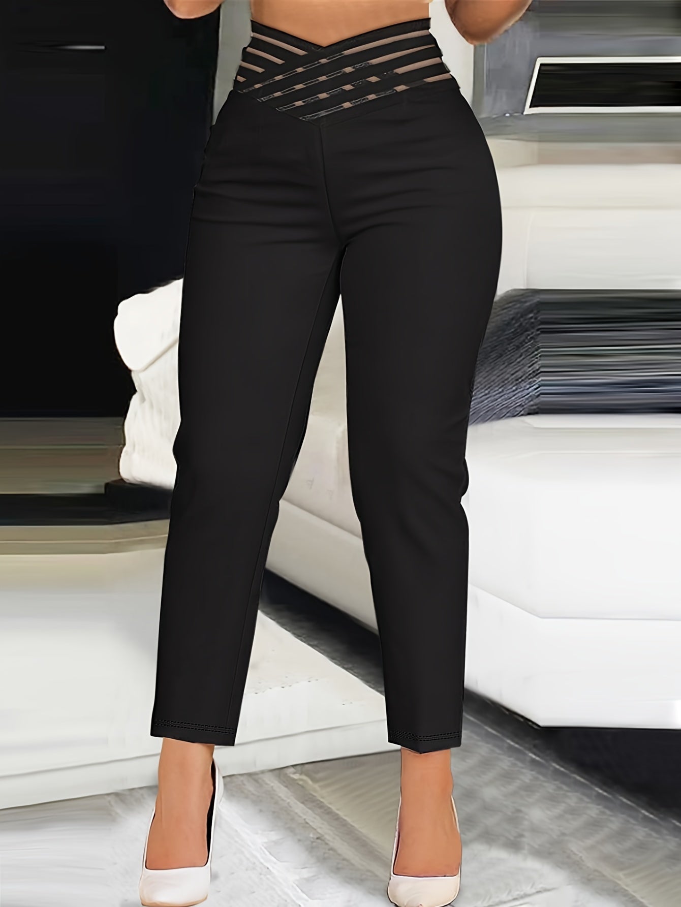  Solid Cross Waist High Rise Tapered Leg Trousers