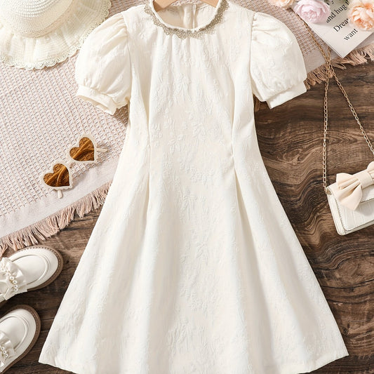 Girls' Jacquard Puff Sleeve Princess Dress Spring Summer Comfy Tunic