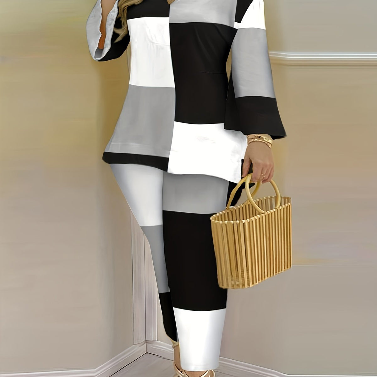  Colorblock Bell Sleeve V Neck Top & Pants Set
