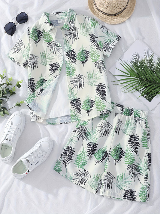 2pcs Hawaii Boys Leaf Graphic Print Short Sleeve T shirt&Shorts Set