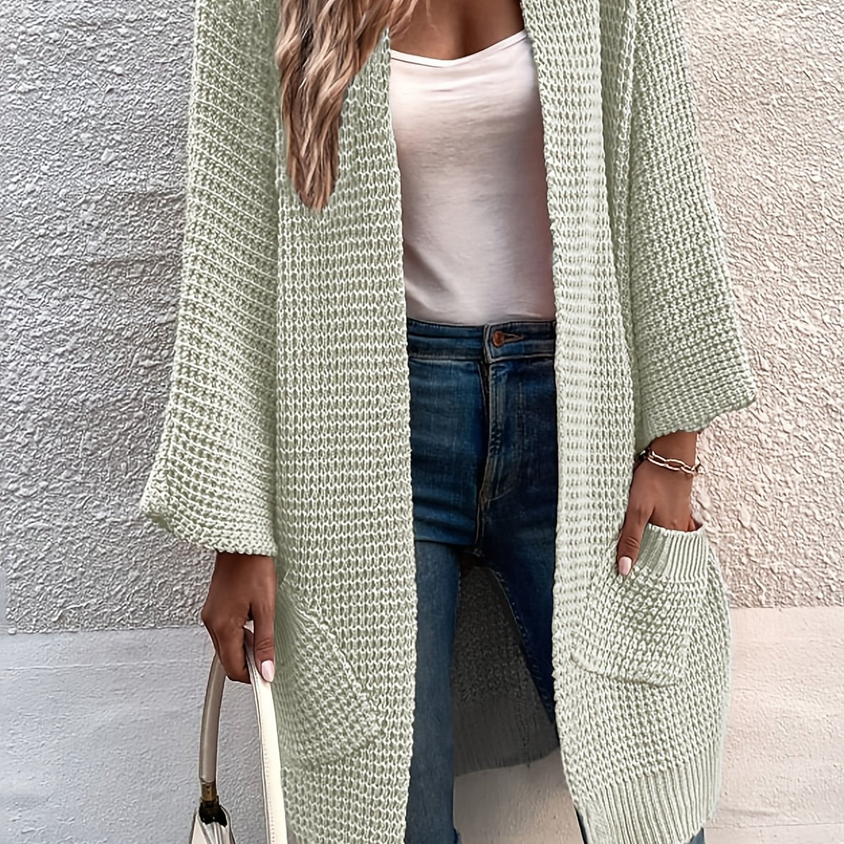  Cable Batwing Sleeve Open Front Cardigan with Pockets