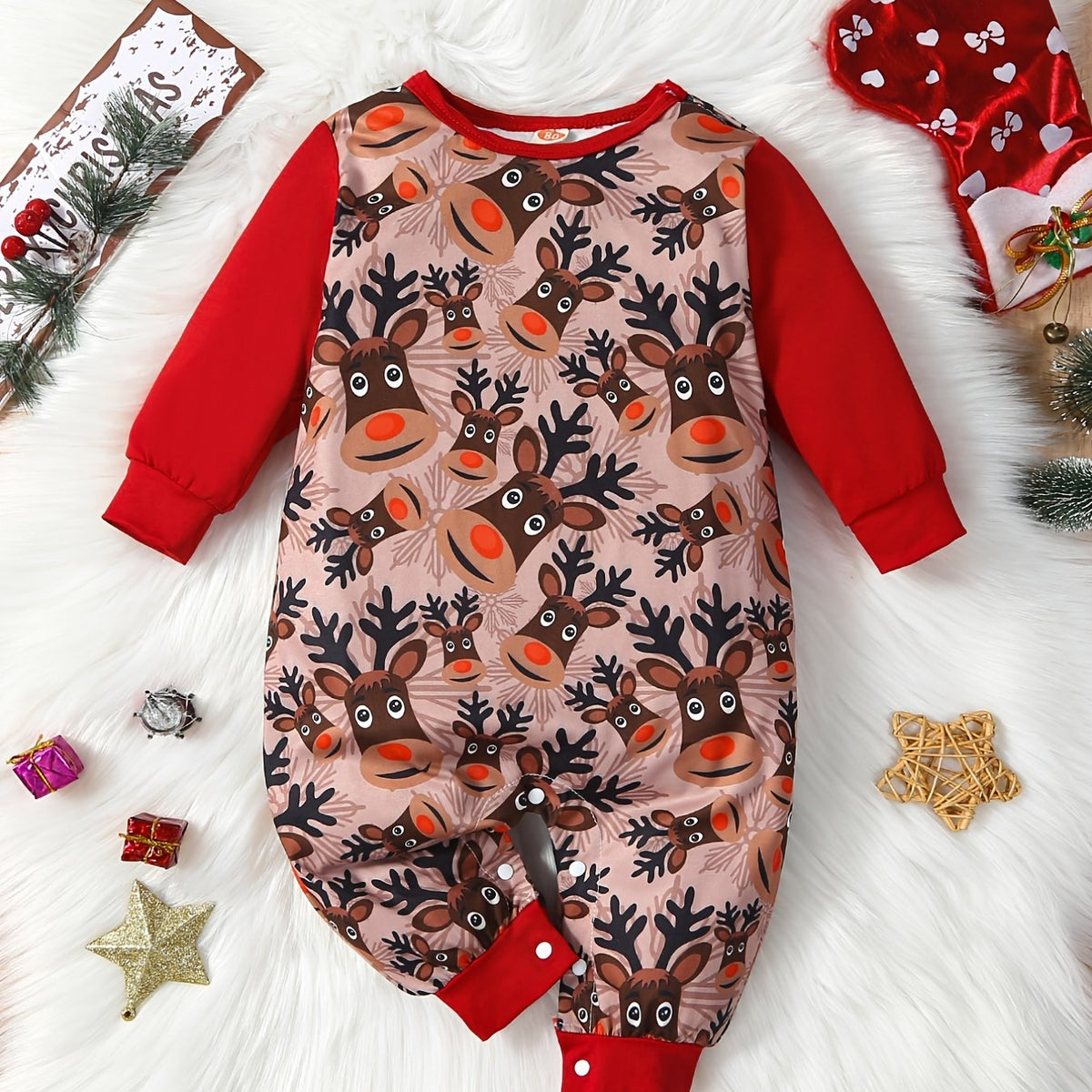 Christmas Elk Print Baby Romper Long Sleeve Jumpsuit