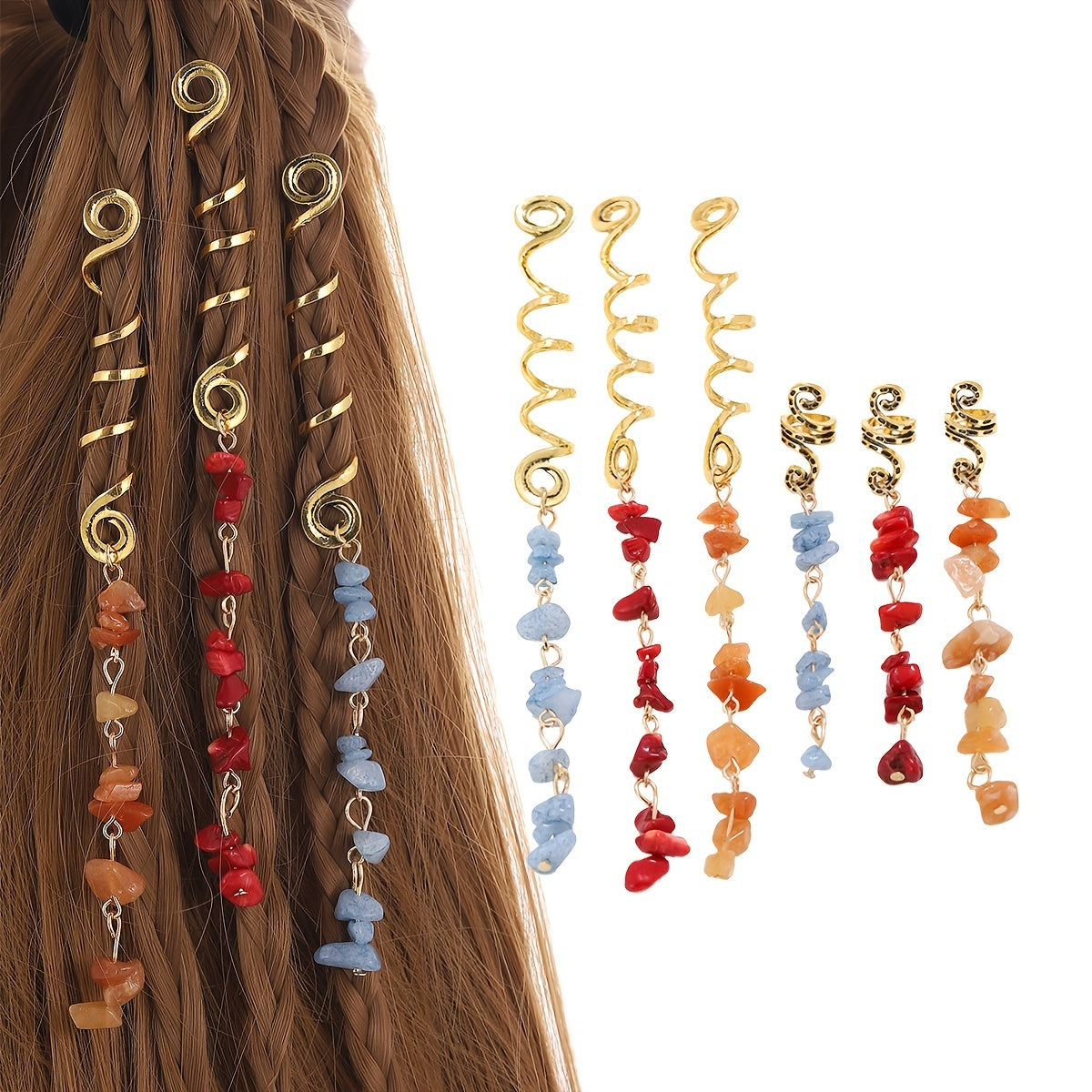 Colorful Stone Hair Jewelry For Braids Tassels Dreadlock Rings