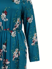  Floral Print Long Sleeve Round Neck Dress