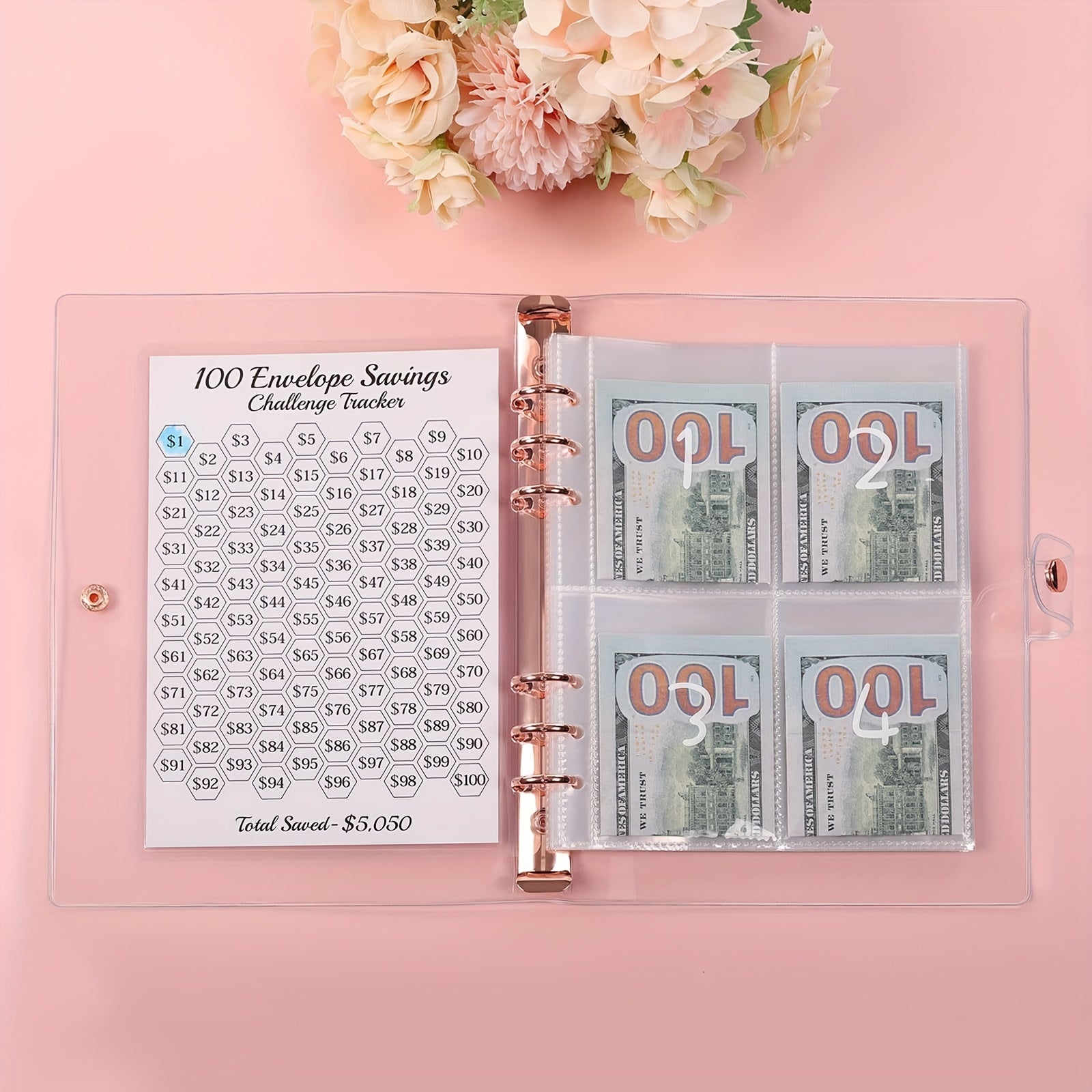 100 Envelopes Money Saving Challenge Binder with Laminated Tracker Sheet