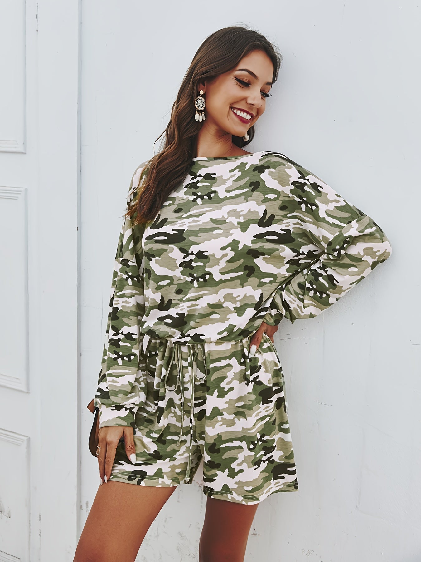 Camouflage Print Off Shoulder Jumpsuit Long Sleeve Women's Clothing