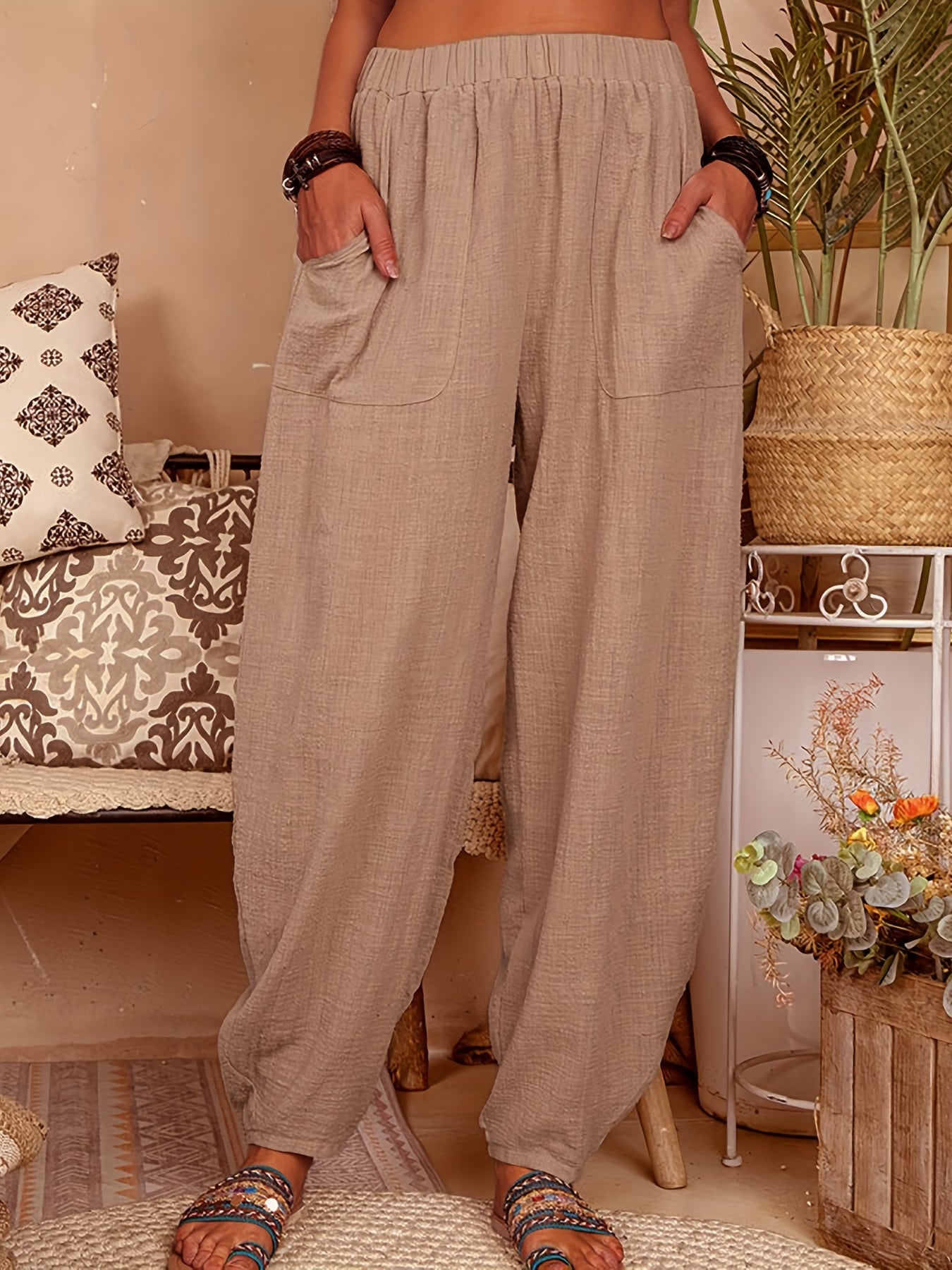  Elastic Waist Harem Pants With Pockets