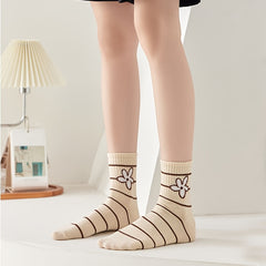 5 Pairs Bear Flowers Crew Socks Lightweight Women's Stockings