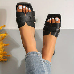 Women's Flat Slide Sandals Square Open Toe Slip On Shoes Stylish Outside Wear