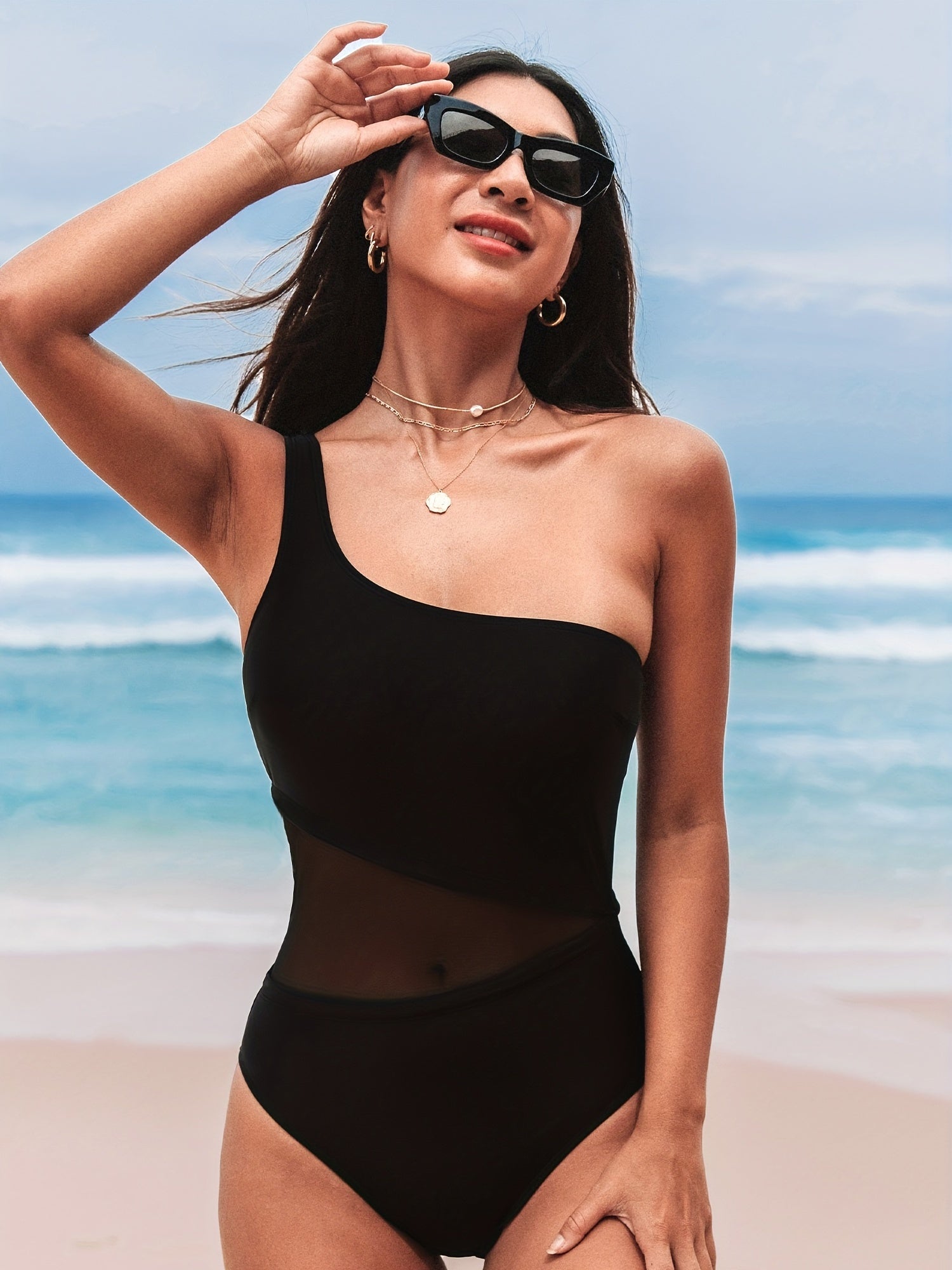 Mesh Contrast One Shoulder One Piece Swimsuit Women's Swimwear