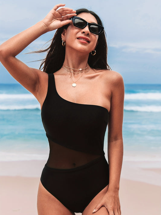 Mesh Contrast One Shoulder One Piece Swimsuit Women's Swimwear