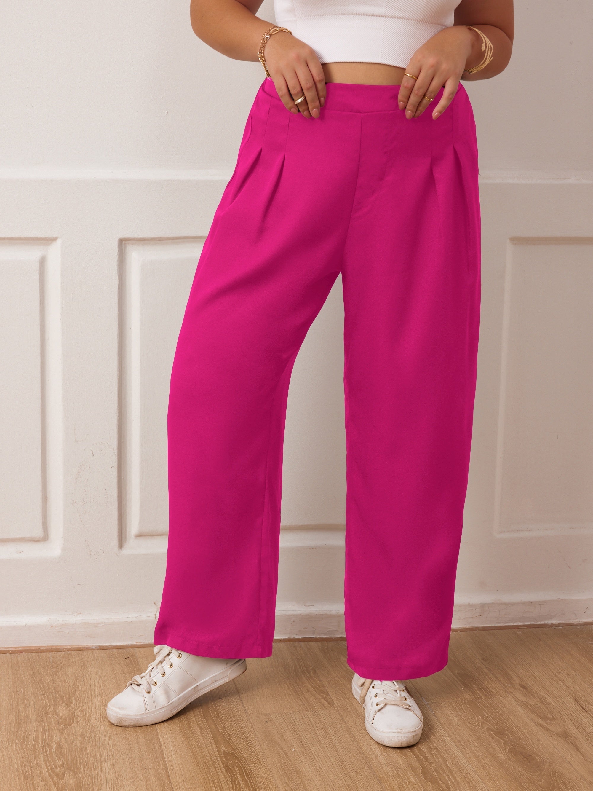  Wide Leg Workwear Pants Pleated Elastic Waist