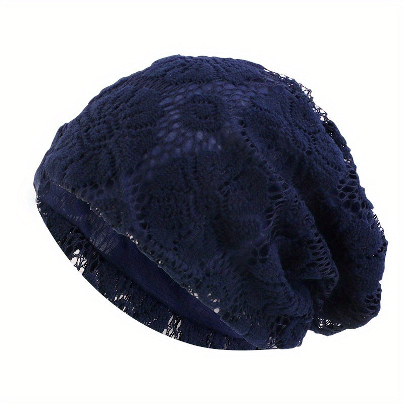 Double Layer Lace Beanies Turban Cap Solid Head Wrap Elastic Skull Cap