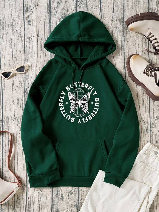 Butterfly & Letter Print Drawstring Sweatshirt Top Long Sleeve Pullover Hoodie