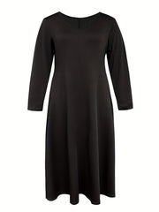 Plus Solid Long Sleeve Round Neck Maxi Dress With Pockets