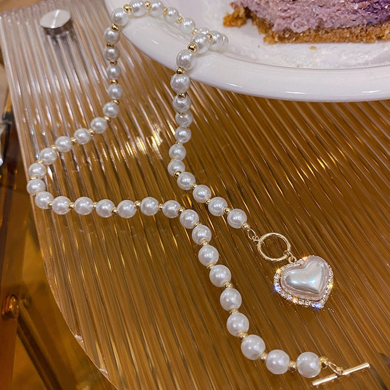 Faux Pearls Beads Necklace Heart Shape Pendant Lovely Neck Jewelry