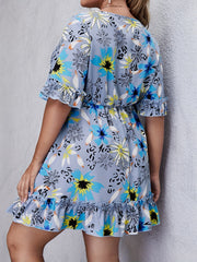  Floral Print Ruffle Trim Cut Out Knot Front Smock Dress