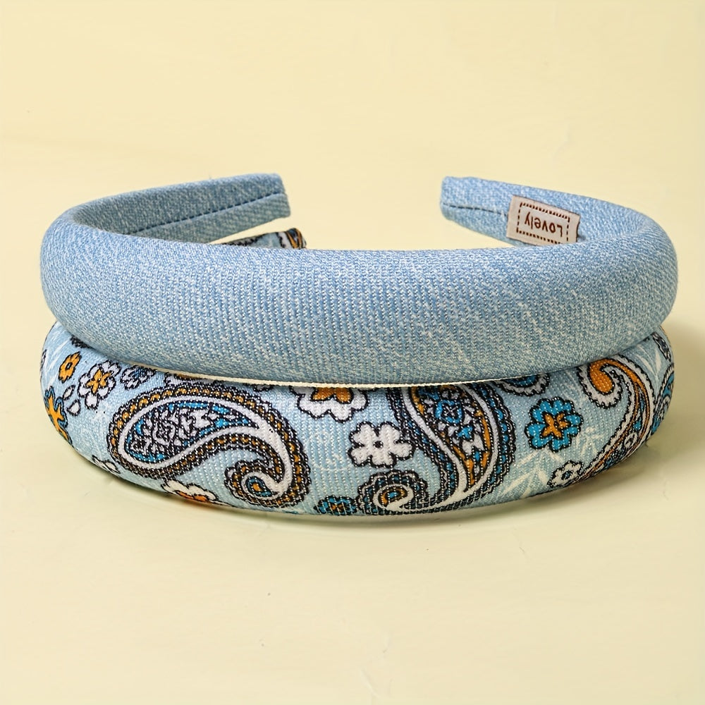 Boho Denim Headband Paisley Printed Hair Band Vintage Headdress