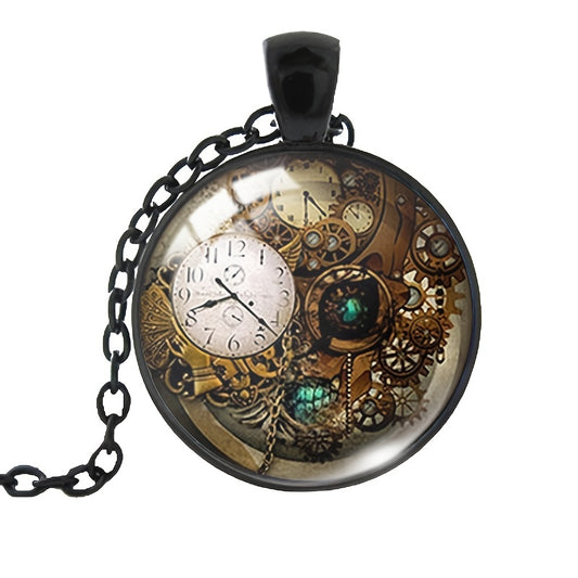 Steampunk Clock Shape Pendant Necklace Animal Pattern Goth Mech