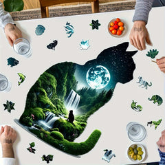 Moonlit Waterfall Cat Wooden Puzzle Challenging Brain Teaser for Adults