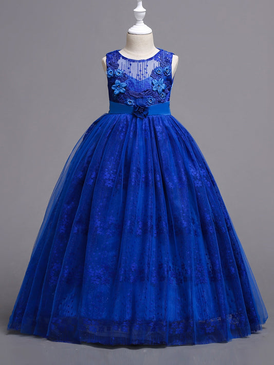 Girls Mesh Flower Embroidery Princess Dress Sleeveless Vintage Tulle Dress